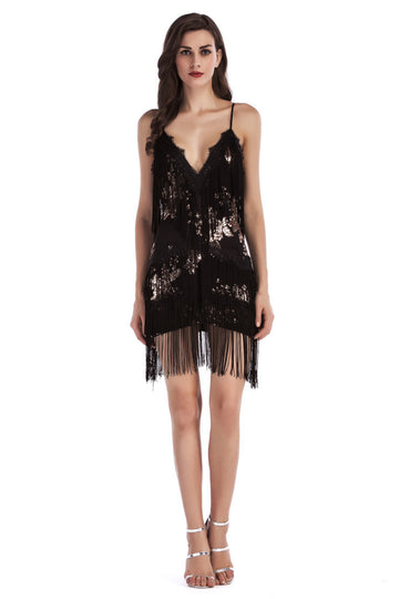 Sparkly Black Short Tight Spaghetti Straps Homecoming Dress with Fringes
